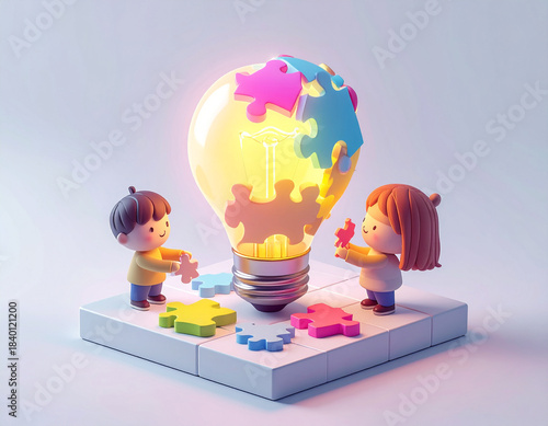 Children working together to solve a lightbulb puzzle, teamwork concept
