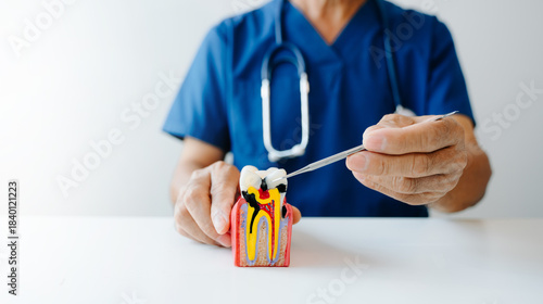 Fotografia Dentist demonstrating a tooth anatomy model with cavity details, showcasing oral health, dental care, and education