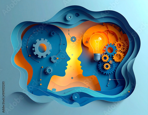 Creative brainstorming and teamwork concept with paper cut style