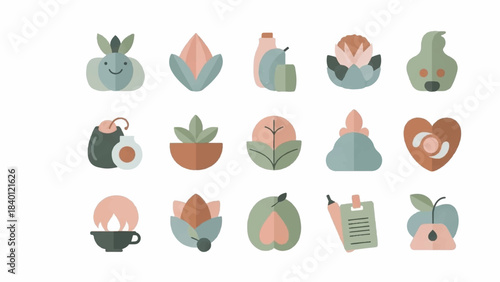 Flat lay illustration of various minimalist icons including plants, food, and wellness symbols in a muted color palette on a white background.