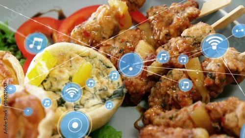 Plated appetizers centered, blue HUD node appearing, icons spreading and linking, showing menu info