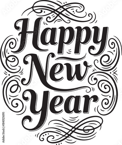 Elegant happy new year silhouette text design isolated on transparent background