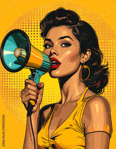 Retro illustration of a woman with a megaphone, pop art style