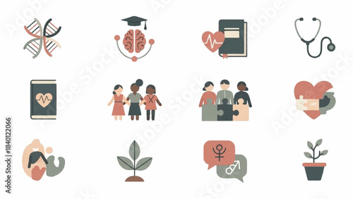 Flat lay of various flat design icons related to healthcare, education, and communication on a white background with a mix of pink, orange, and green colors.