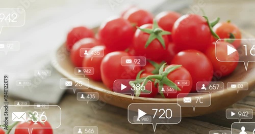 Notification bubbles appearing from bottom-left and flooding plate of tomatoes, showing engagement