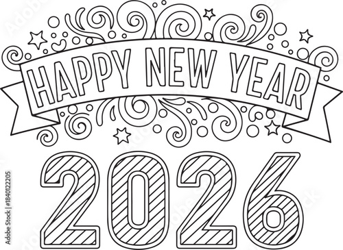 Happy new year 2026 hand drawn silhouette isolated on transparent background