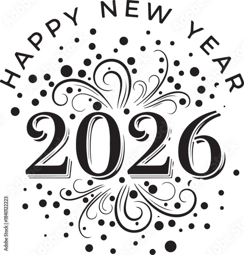Happy new year 2026 hand drawn silhouette isolated on transparent background