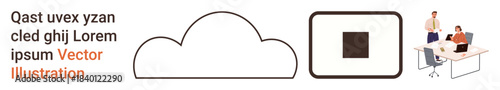 Cloud computing, teamwork, data storage, office communication, business strategy, digital collaboration. Cloud icon, square graphic two people working at office. Cloud computing and teamwork concept