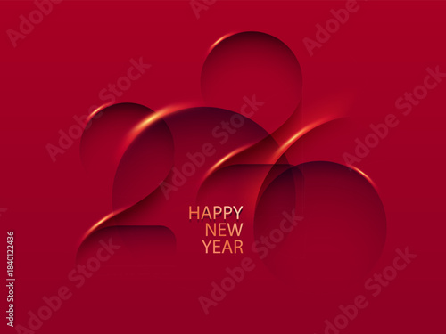 Happy New Year greetings. Elegant festive numbers 2026 on red background. Greeting card with calendar date.