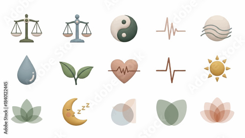Flat lay of various wellness and balance icons on a white background with pastel colors.