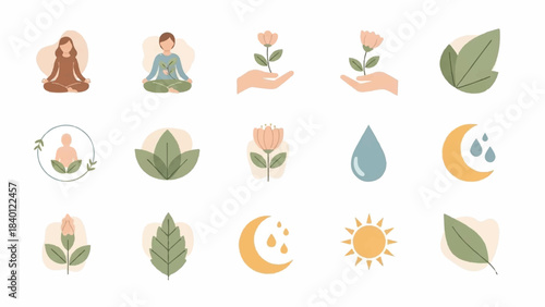 Flat lay illustration of various yoga and wellness icons on a clean white background with pastel colors.
