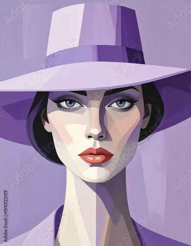 Cubist portrait of elegant woman in lavender hat artistic studio digital art contemporary eye-level modern aesthetic
