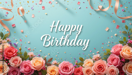 Happy Birthday, rose bouquet, confetti, teal background, elegant, vibrant colors, festive, intricate floral arrangement, shiny, glittering, luxurious, typography, calligraphy, 4K and HD Image