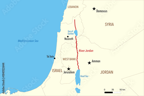 Vector Map of the Jordan River Showing Its Course from Sources to the Dead Sea