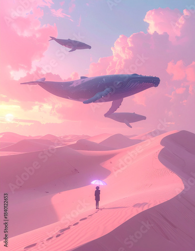 Whales soaring above dreamlike dunes surreal landscape digital illustration ethereal environment imaginative viewpoint