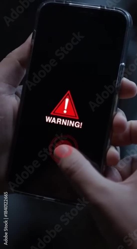 A close-up of a hand holding a smartphone displaying a red warning sign on a black screen. The setting is dimly lit, suggesting urgency or alertness.