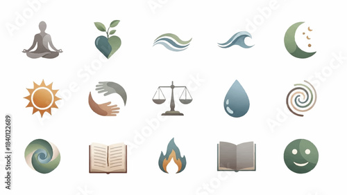 Flat lay of various eco-friendly and wellness icons on a clean white background with a calming and natural mood.