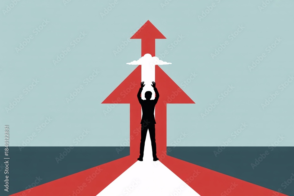 Fototapeta premium Two silhouetted figures collaborating to lift a white figure upwards symbolizing teamwork growth and achieving goals with a large red arrow pointing skyward