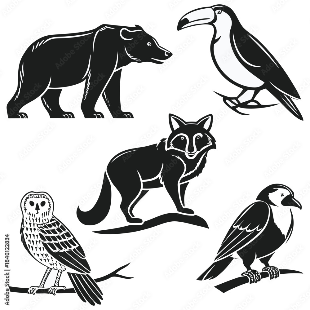 Obraz premium Set of black and white wild animals and birds, including a bear, a toucan, a wolf, an owl, and a raven, isolated on a transparent background