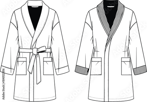 Technical flat sketch vector illustration of a luxurious belted unisex robe, featuring a wide shawl collar and functional patch pockets for comfortable loungewear design template.