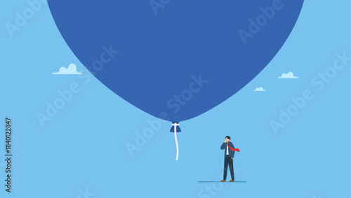 Fearful businessman investor standing under huge big air balloon bubble. Stock market, crypto currency bitcoin bubble, risk of speculation investment, big debt balloon ready to burst.