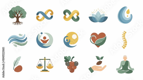 Flat lay of various eco-friendly and wellness icons on a clean white background with a calming and natural mood.