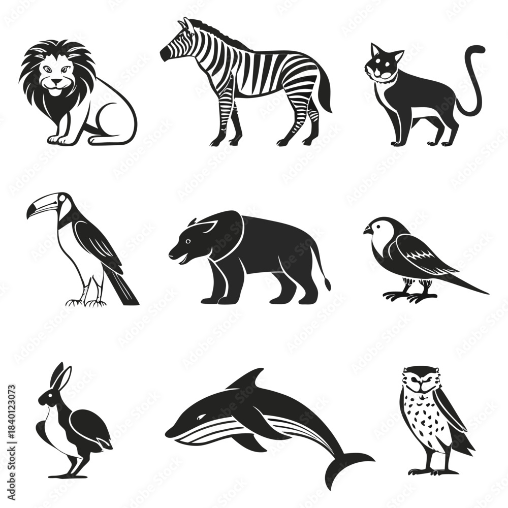 Fototapeta premium A variety of wild animals, including a lion, a zebra, a black cat, a toucan, a boar, a small bird, a rabbit, a dolphin, and an owl, in a black and white graphic collection