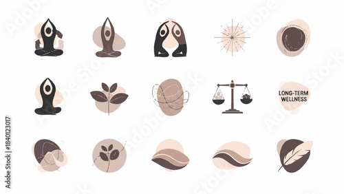 Flat lay composition of various eco-friendly and wellness-related icons in a neutral color palette on a white background.