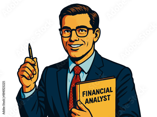 male financial analyst in a suit holding a report and pen, ideal for finance or business themes. Generative ai vector colorful pop art illustration.