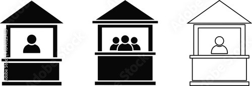 Set of kiosk and booth icons in solid and outline styles, featuring single and multiple people, ideal for events, exhibitions, markets, and information stands