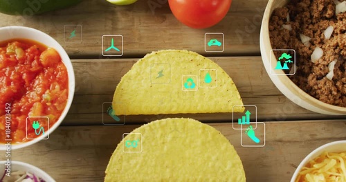 Teal icons appearing around corn shells, moving, clustering, connecting toppings, showing eco links