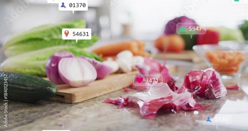 Social badges appearing over halved onion, popping, clumping, fading, drifting, showing engagement