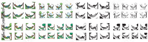 People relaxing in hammocks among trees with transparent background