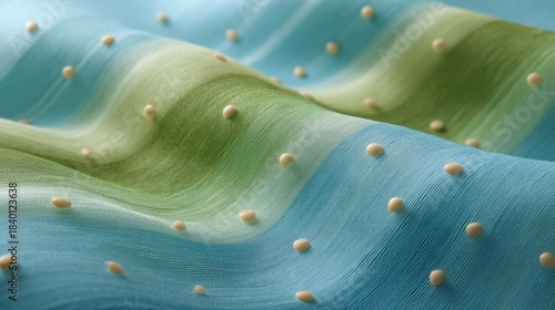 Fototapeta Naklejka Na Ścianę i Meble -  Abstract close-up of flowing fabric in shades of blue and green with textured 3D dots, creating a serene and elegant visual composition for creative projects
