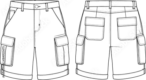 Technical flat sketch vector illustration of unisex cargo shorts, featuring deep side flap pockets, belt loops, button closure, and cuffed hem for apparel template design.