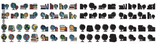 Globe and books icons set with transparent background