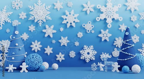 A close-up, 3D rendered background of blue and white Christmas decorations including felt Christmas trees, yarn balls, snowflake cutouts, and small gingerbread-style figures.