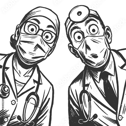 two surprised cartoon doctors in surgical masks and scrubs, staring downward in comic style sketch engraving generative ai fictional character vector illustration. Scratch board. Black and white image
