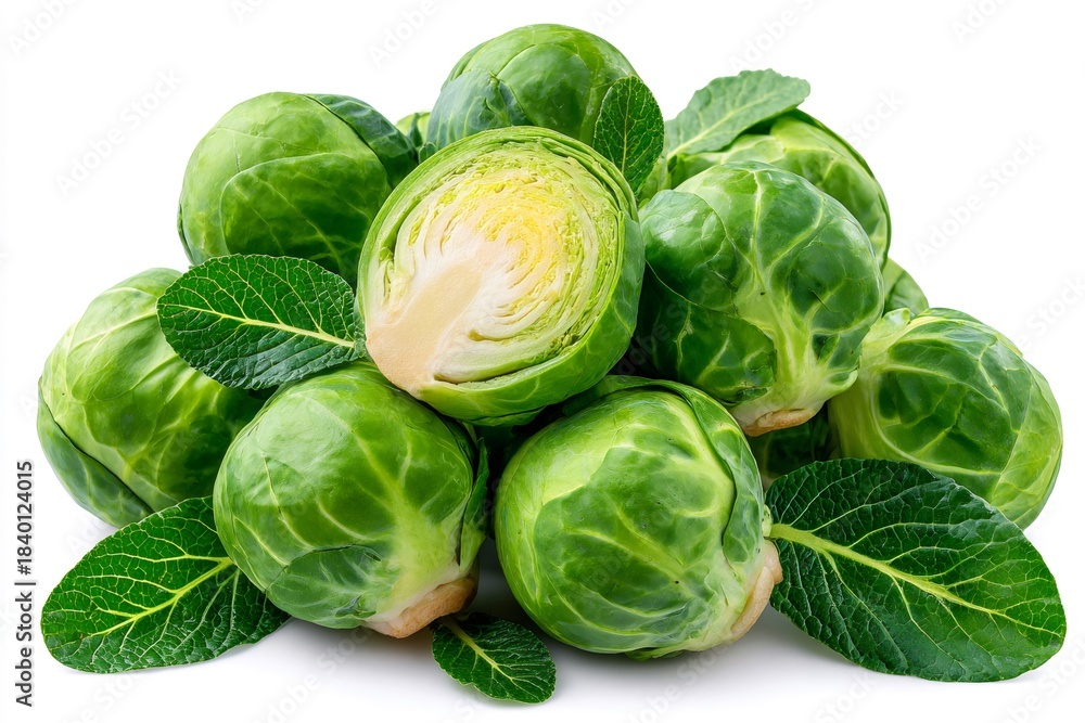 Fototapeta premium Fresh brussels sprouts pile with one halved vegetable