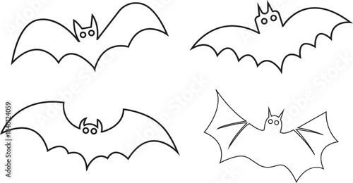 Cartoon bat flying vampire icons set collection. Group vectors graphic illustration depicting halloween animal creature silhouette black outline design Elements spooky scary night.
