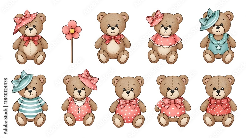 Fototapeta premium Cute little teddy bear doll set. Vector illustrations isolated on white background.
