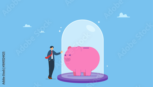 Businessman investor stand with wealthy piggy bank under glass dome strong protection. Protect money from inflation, insurance and financial security.