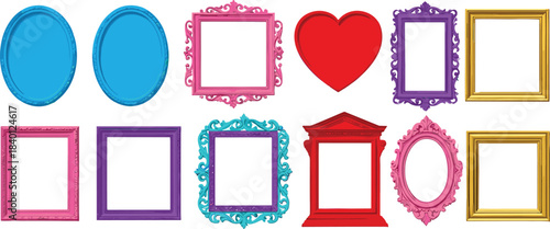 Colorful decorative picture frames including oval, square, ornate, heart-shaped, and vintage designs for wall art, photo displays, crafts, and digital projects