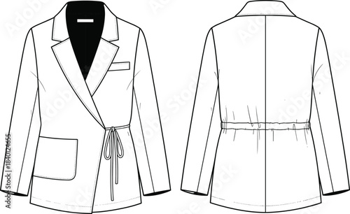 Technical flat vector illustration CAD drawing women's wrap blazer jacket tie waist shawl collar patch pocket fashion apparel template mockup