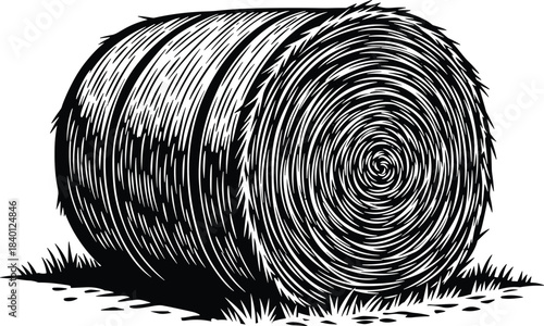 Black and white illustration of a round hay bale on grass straw round bale