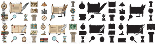 Antique study tools and books collection with transparent background