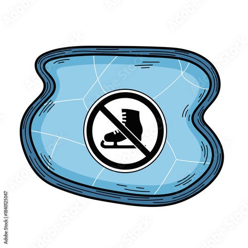 Warning symbol for no skating on frozen lake in winter  