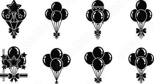 Black silhouette balloon bouquets with stars and bows on white background vector