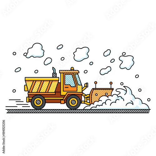 Snow plow clearing street during blizzard with falling snowflakes  