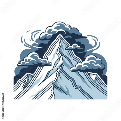 Snowy mountain peak surrounded by storm clouds illustrating Winter weather icons  